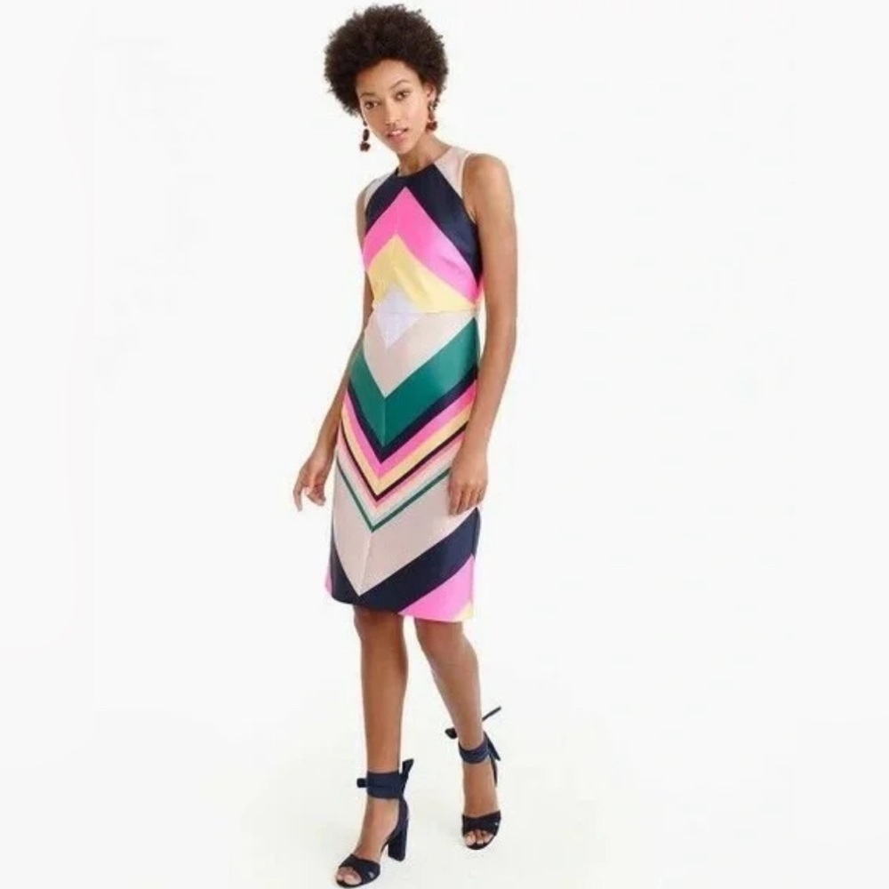 J. Crew Multicolor Chevron Midi Dress in Pink, Navy, Green, Yellow, Cream